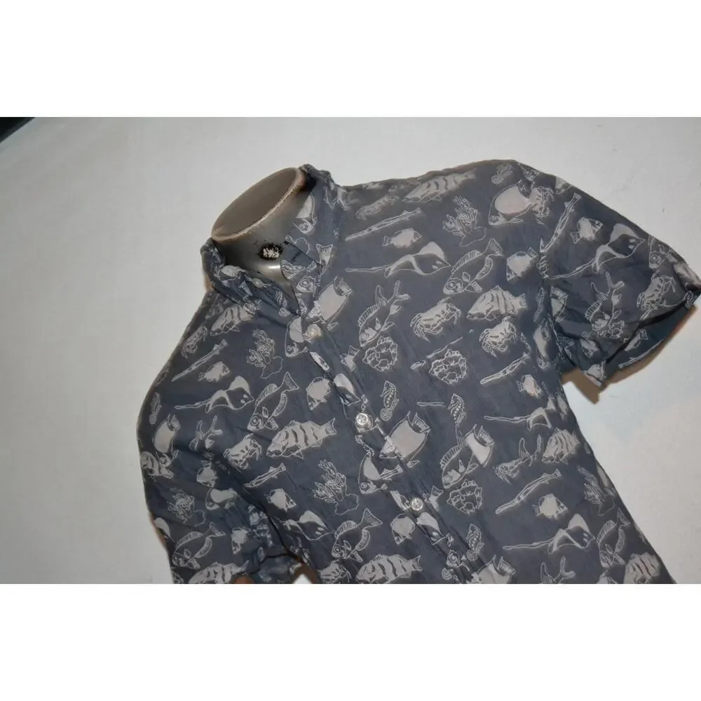 38344 J.Crew Dress Shirt Front Pocket Blue Fish Designs Cotton Size XL Mens - Picture 2 of 6